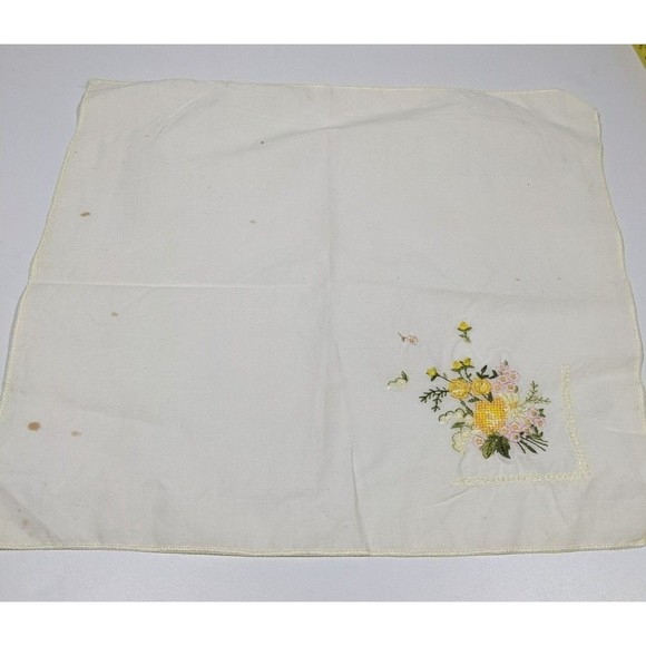Vintage Embroidered Handkerchief Hanky Yellow Pink White Embroidered Flowers - Picture 4 of 8